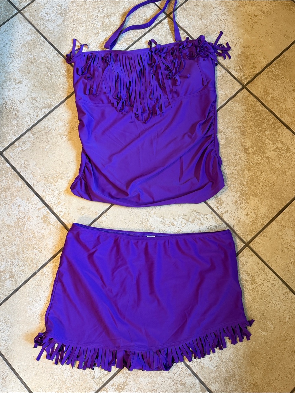 Purple Fringe Swim Skirt & Tankini Set - Women's